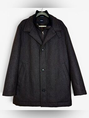 Hugo Boss Wool-Blend Pea Coat with Zip-Front Layer- men’s 44 R